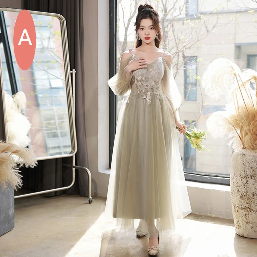V-neck Tulle Floor Length Bridesmaid Dress Taupe