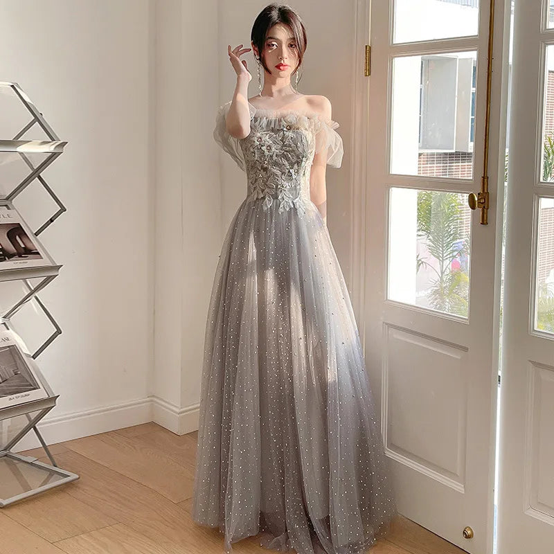 Elegant Embellished Tulle Evening Gown with Draped Overlay