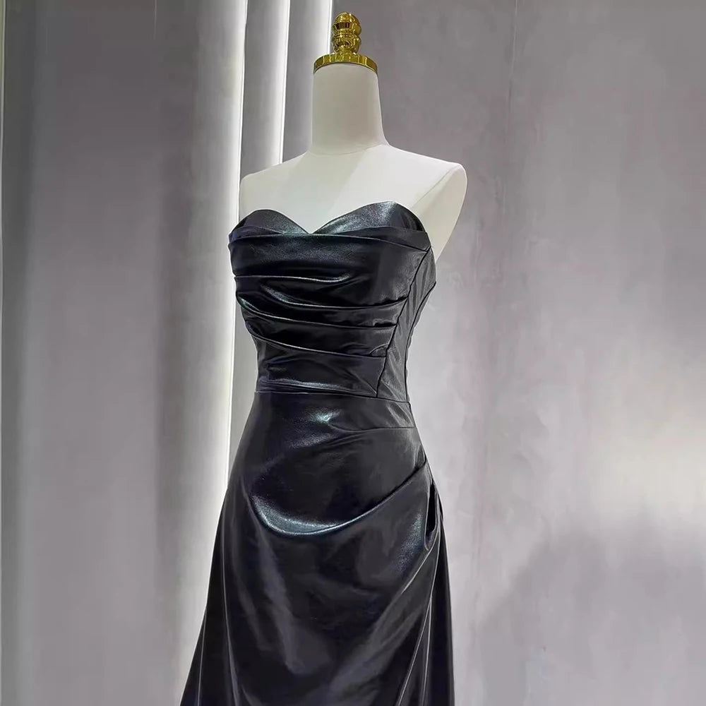 Elegant Burgundy Faux Leather Evening Gown With Gloves on Luulla