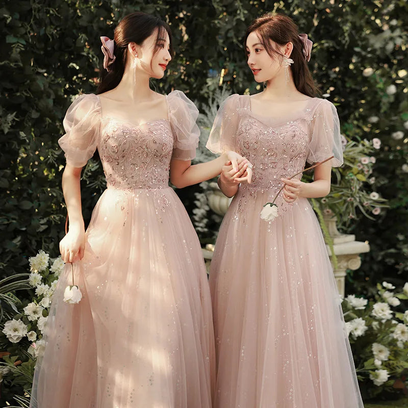 Elegant Blush Pink Bridesmaid Dress with Sleeves