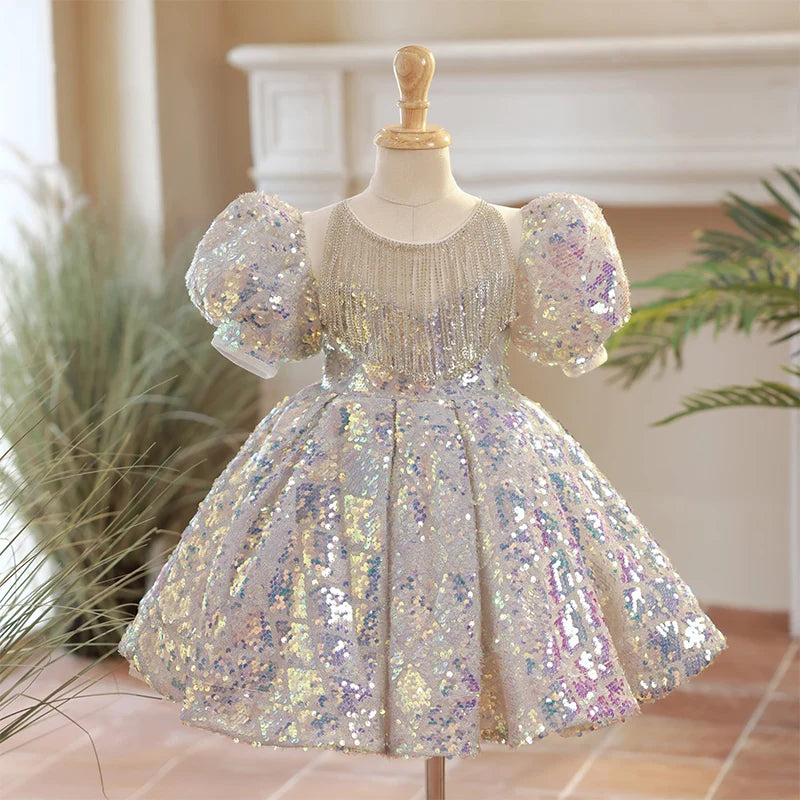 slim fit dress slacks The Kimberly Short Puff Sleeve Sequin Dress – Elle's Boutique main image 0