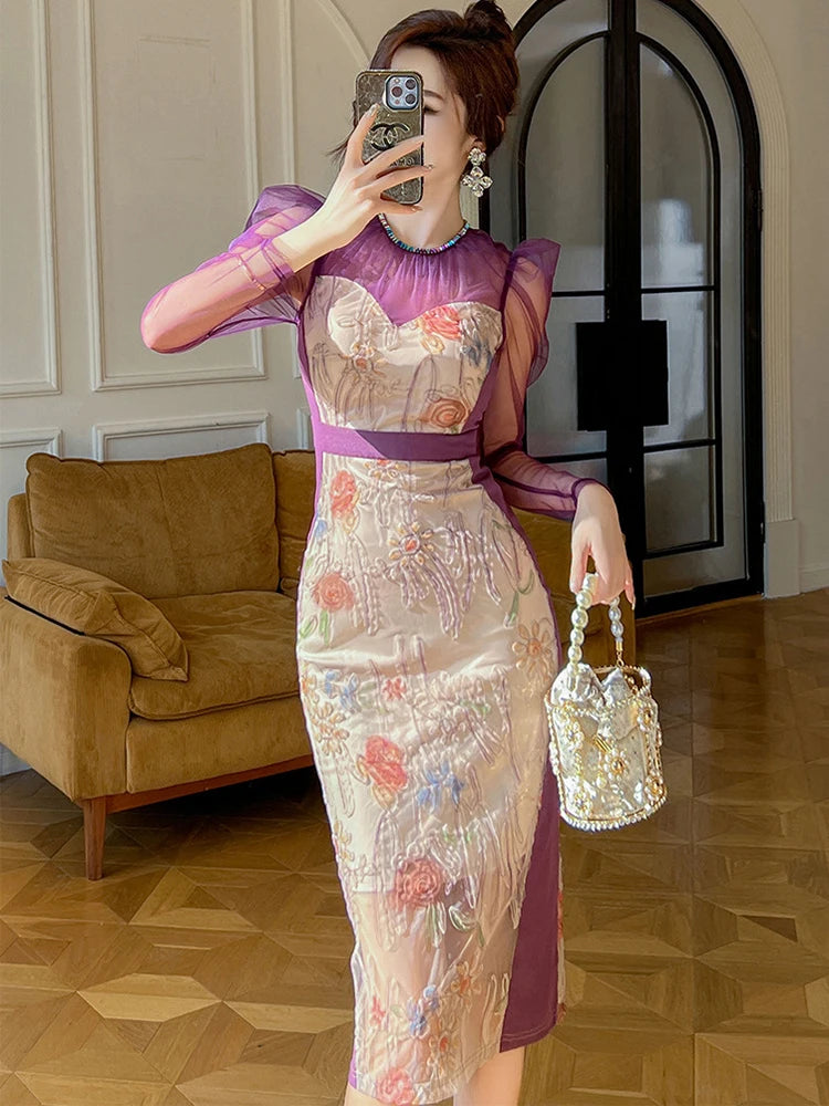 Sheer mesh embroidered dress sale