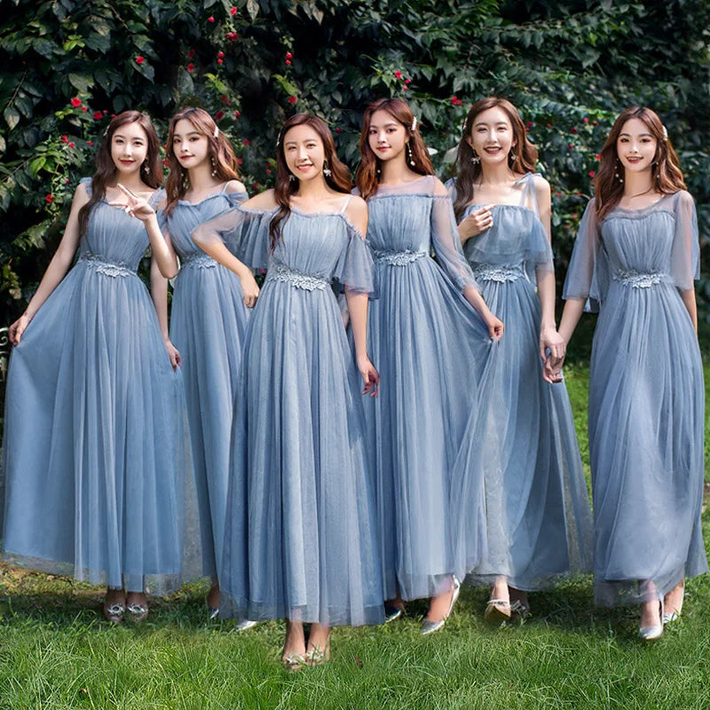 Elegant Blue Bridesmaid Dresses Chiffon Lace Sleeveless on