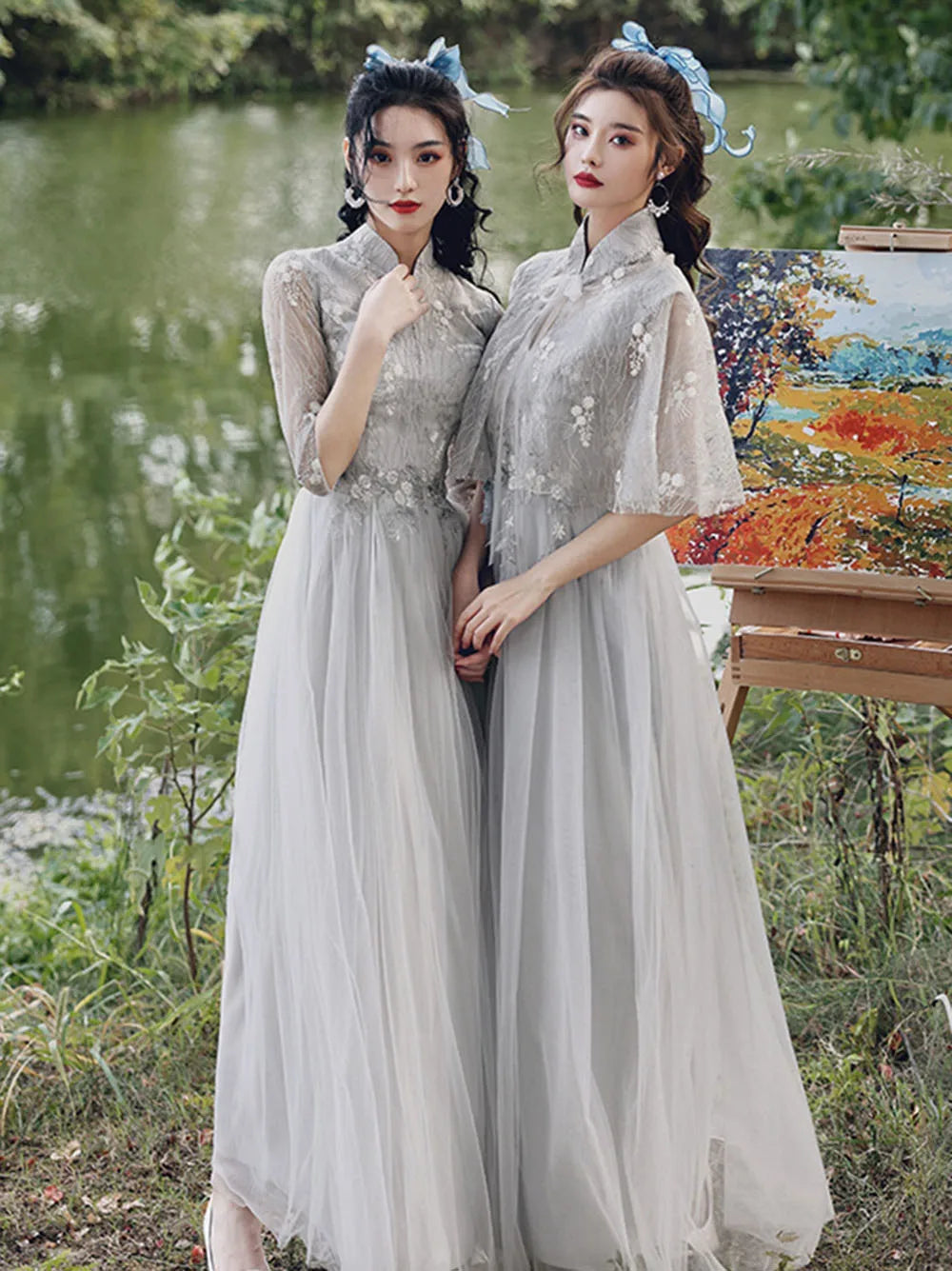 sachin and babi light blue dress Elegant Long Lace Chinese Style Evening Dresses