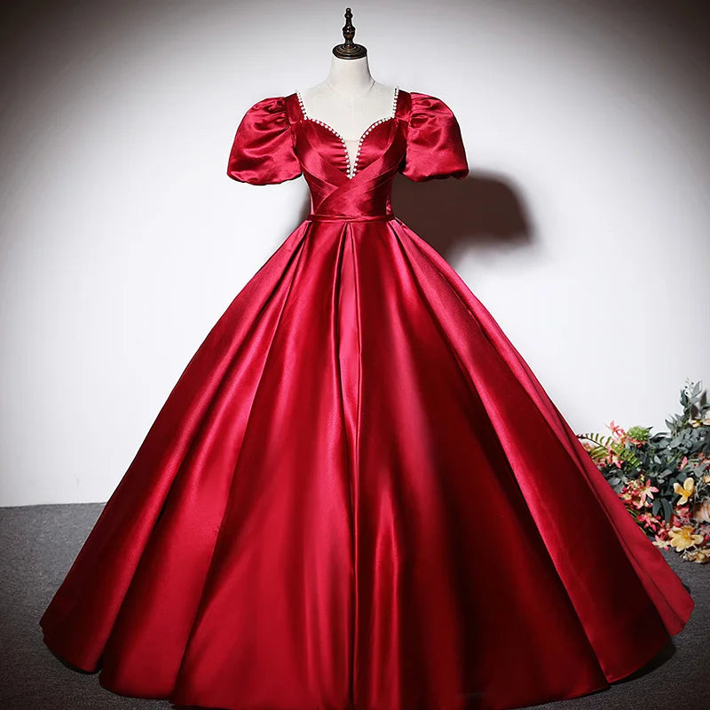 Elegant Red Satin Ball Gown Evening Dress