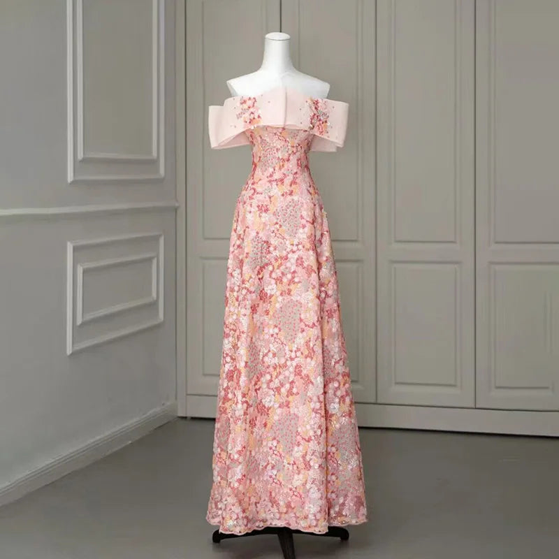 Elegant Floral Off-shoulder Evening Gown Dress