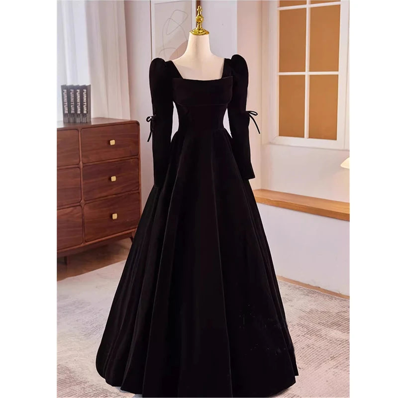 Elegant Black Long-sleeve Gothic Evening Dress
