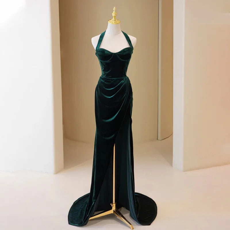Velvet Halter Evening Gown with Side Slit
