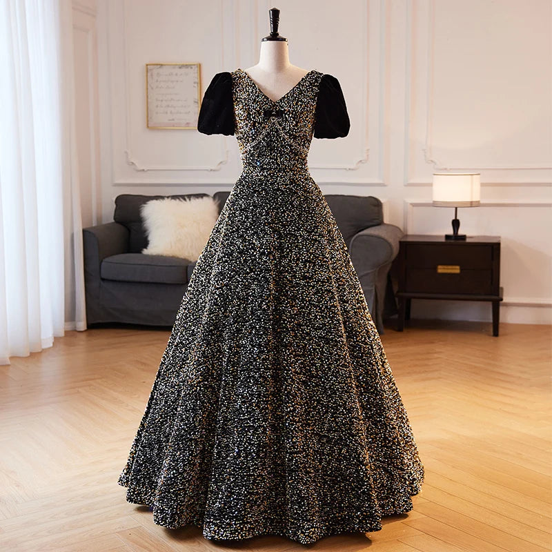 Elegant Black Sequin Evening Gown With Sleeves on Luulla