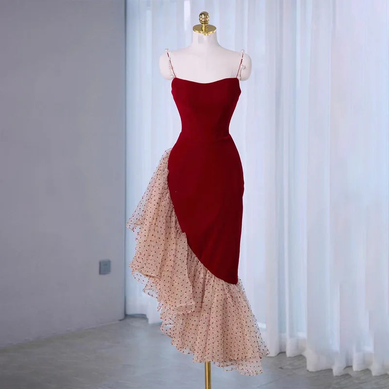Elegant Red Asymmetrical Ruffle Spaghetti Strap Dress