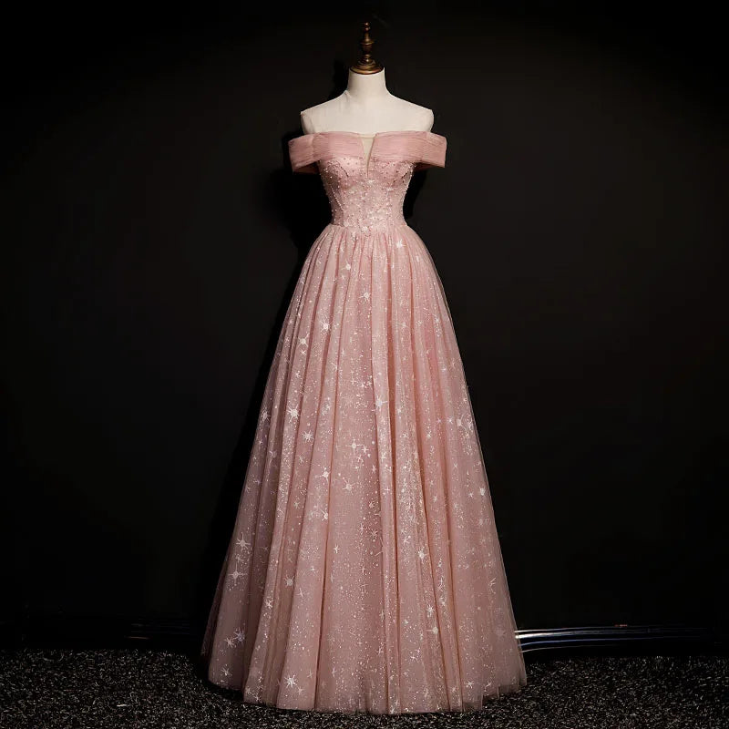 One Shoulder Pink Embellished Evening Gown main image 0