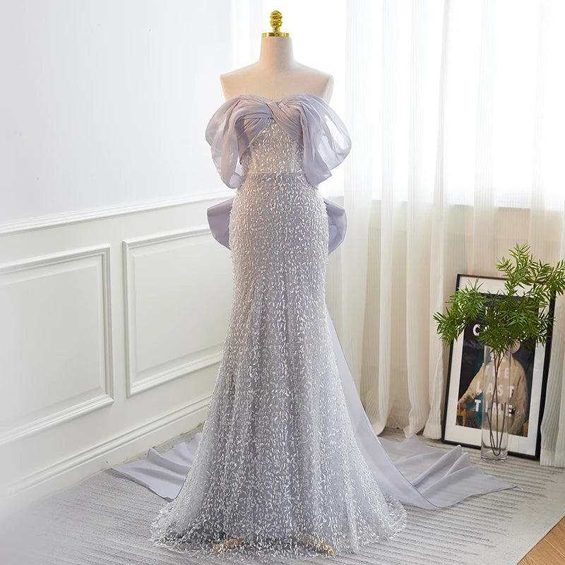 white christmas dresses Off-Shoulder Long Silver Lace Formal Dress CM319 Silver / 2 main image 1