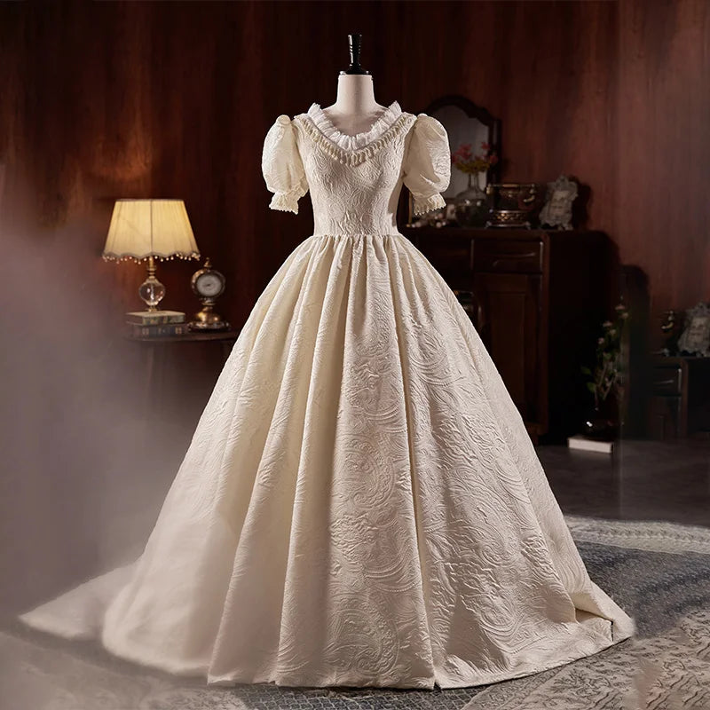 vintage puff sleeve wedding dress Satin 80s with Flattering Puffy Sleeves Lace Wedding Dress Vintage Elegant White Satin Beaded