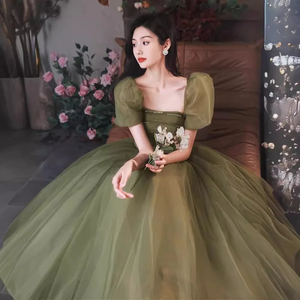 TrustlindaStore Elegant Puff Sleeve Olive Green Ball Gown