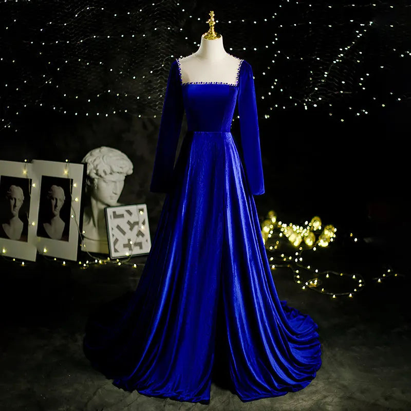 Royal Blue Velvet Long Sleeve Evening Gown