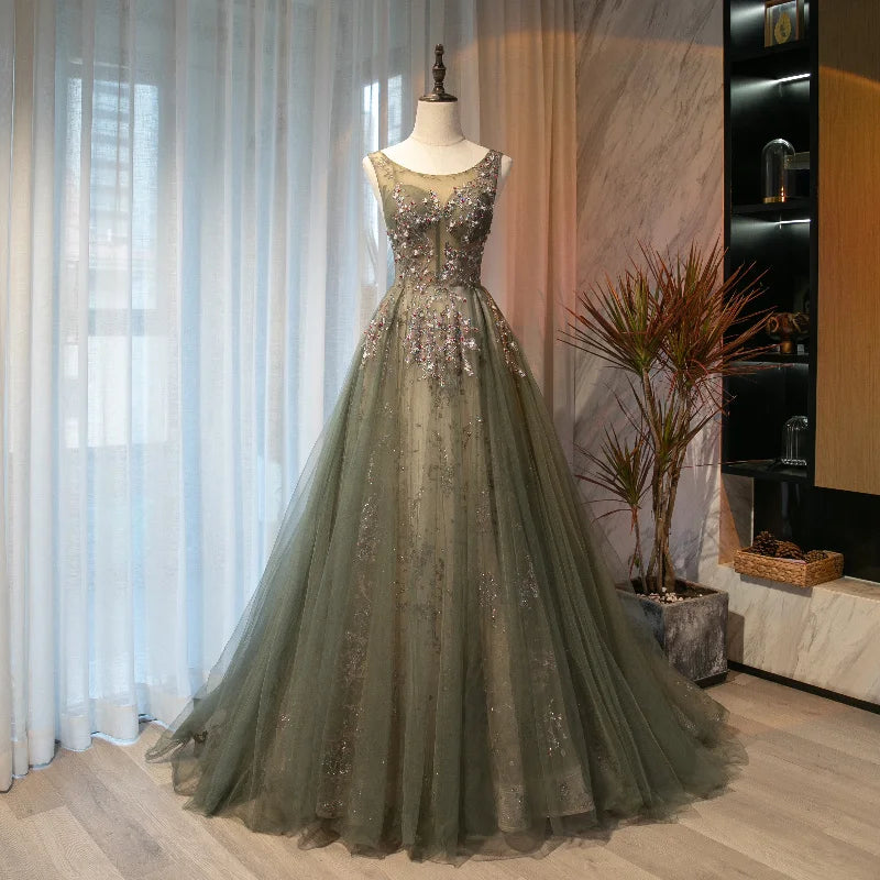 Elegant Embellished Olive Green Tulle Evening Gown