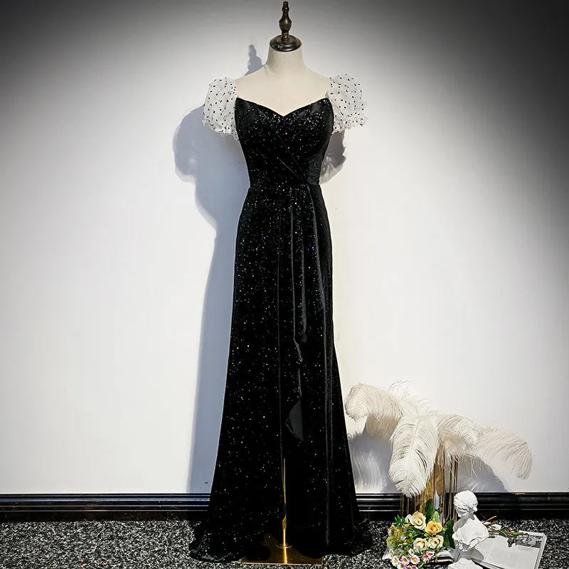 Elegant Black Velvet Dress With Beaded Puff Sleeves