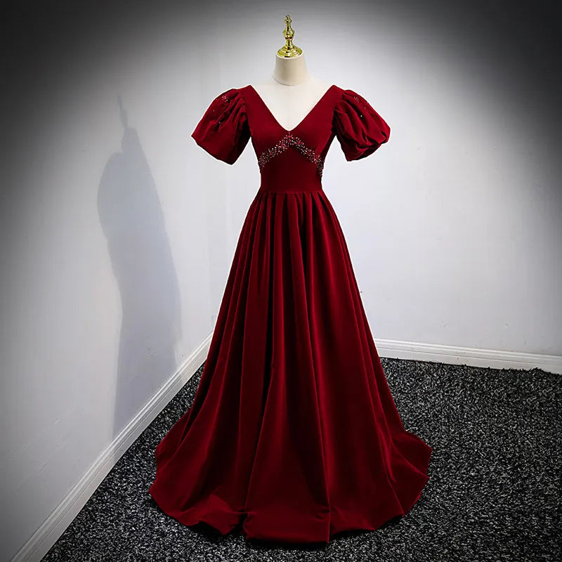 burgundy velvet dress women Berylove Women Burgundy Ruffled Long Velvet Wedding Guest Dress A Line V Neck Long Sleeves Formal Dress, Burgundy / XL main image 0