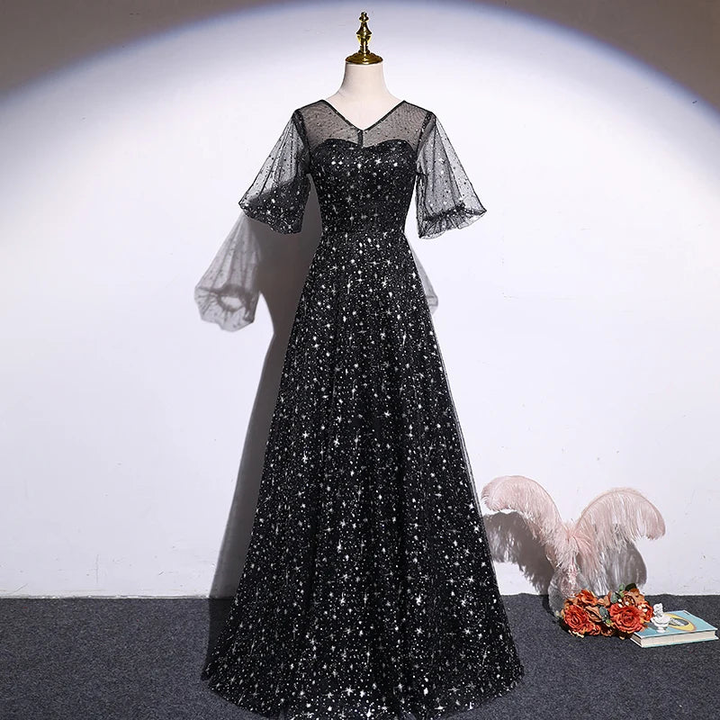 Elegant Black Starry Evening Dress With Tulle Sleeves