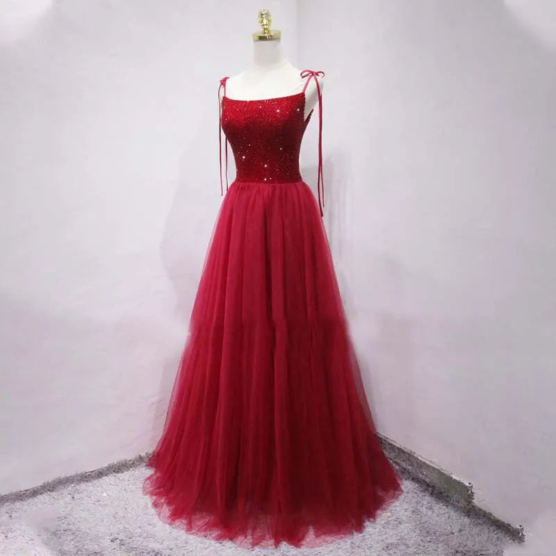 Elegant Red Tulle Maxi Dress With Sparkling Sequins on Luulla