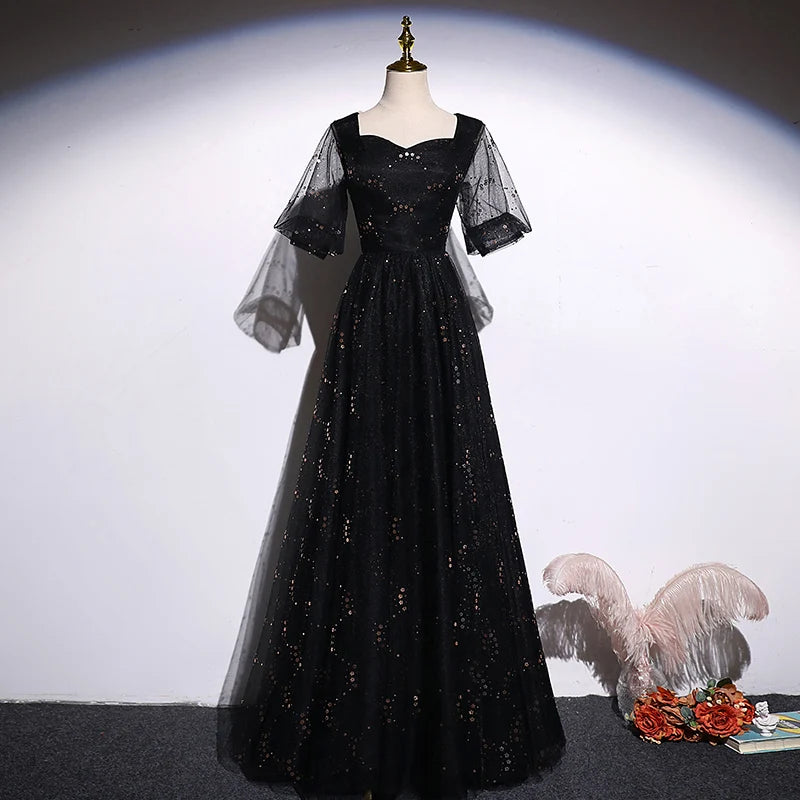 black tulle dress with sleeves Black Long A-line Tulle Prom Dress, Long Sleeves Modest Evening Gown OKG82  – Demodresses main image 0