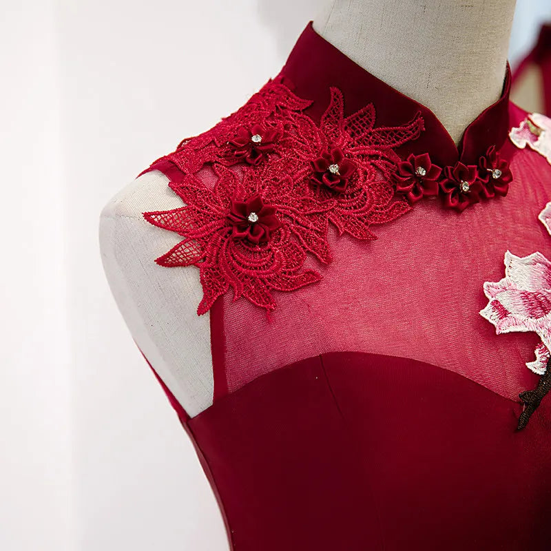 Red hand embroided draped gown main image 0