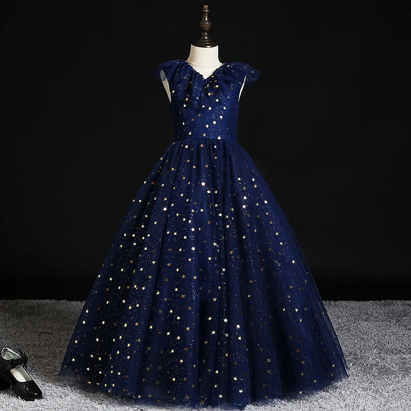 midnight blue dress with stars Stars Moon Sequins Prom Dress Navy Blue Long Evening Dress V Neck Banquet  Dress cg20120