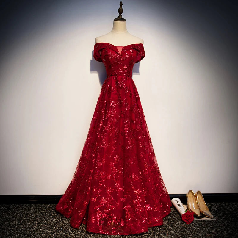 Elegant Off-shoulder Red Lace Evening Gown on Luulla