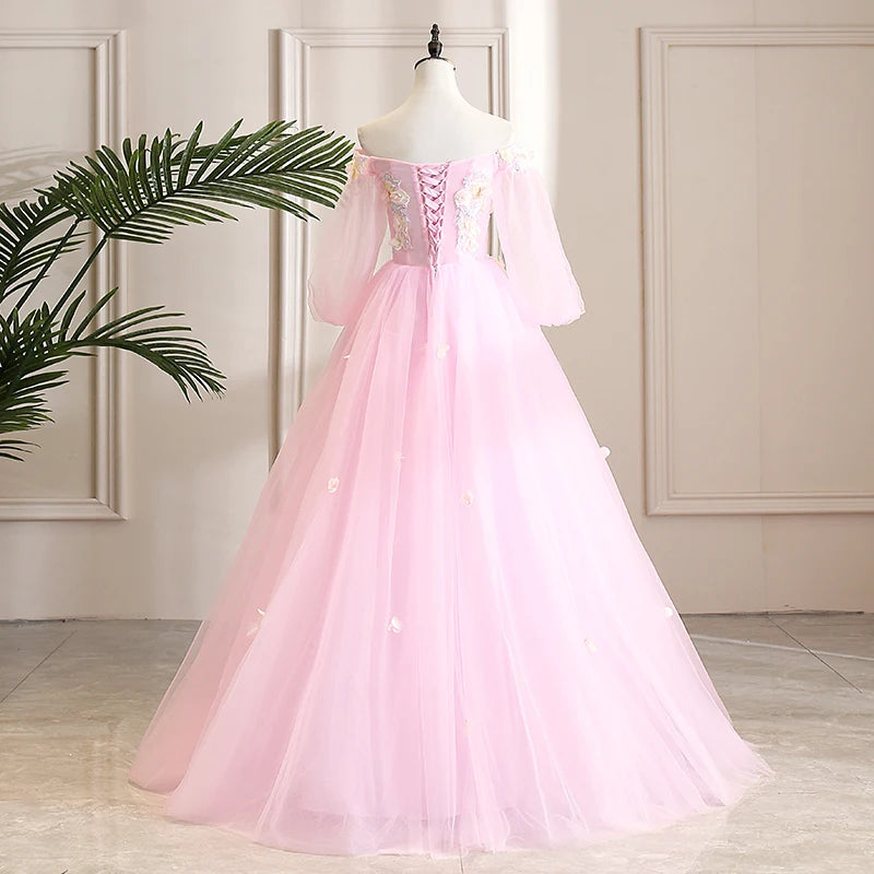 PINK BALL GOWN WITH FLORAL APPLIQUE main image 1