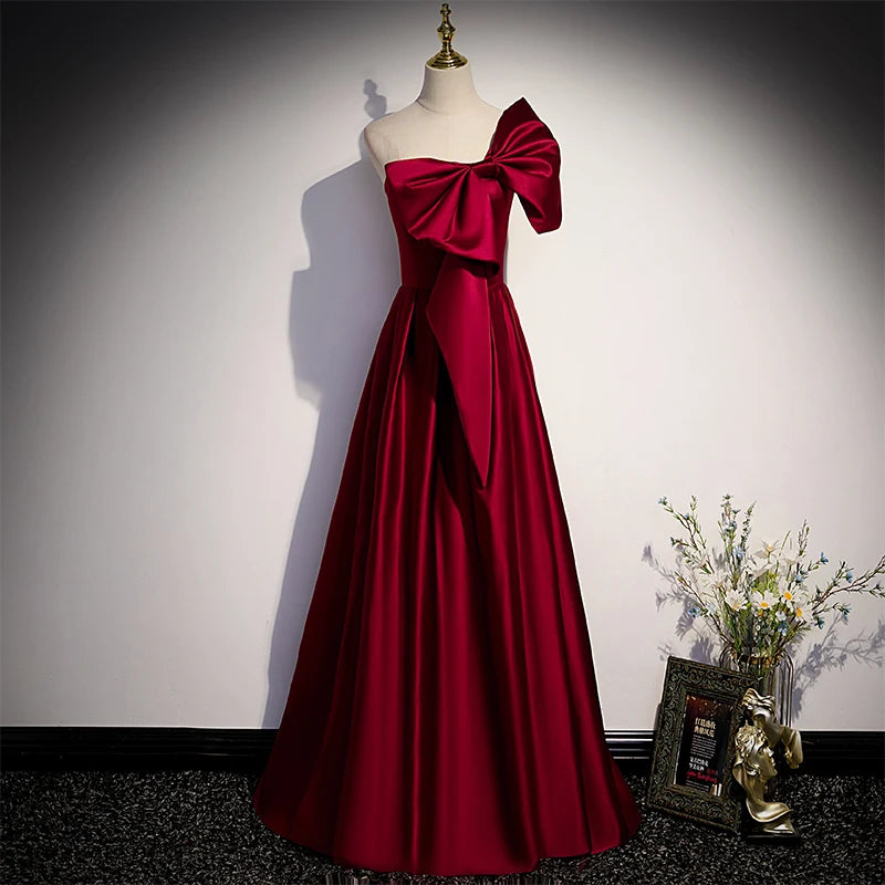 red one shoulder bow dress Fancy Bow One-shoulder Draped Red Satin Slit Formal Dress