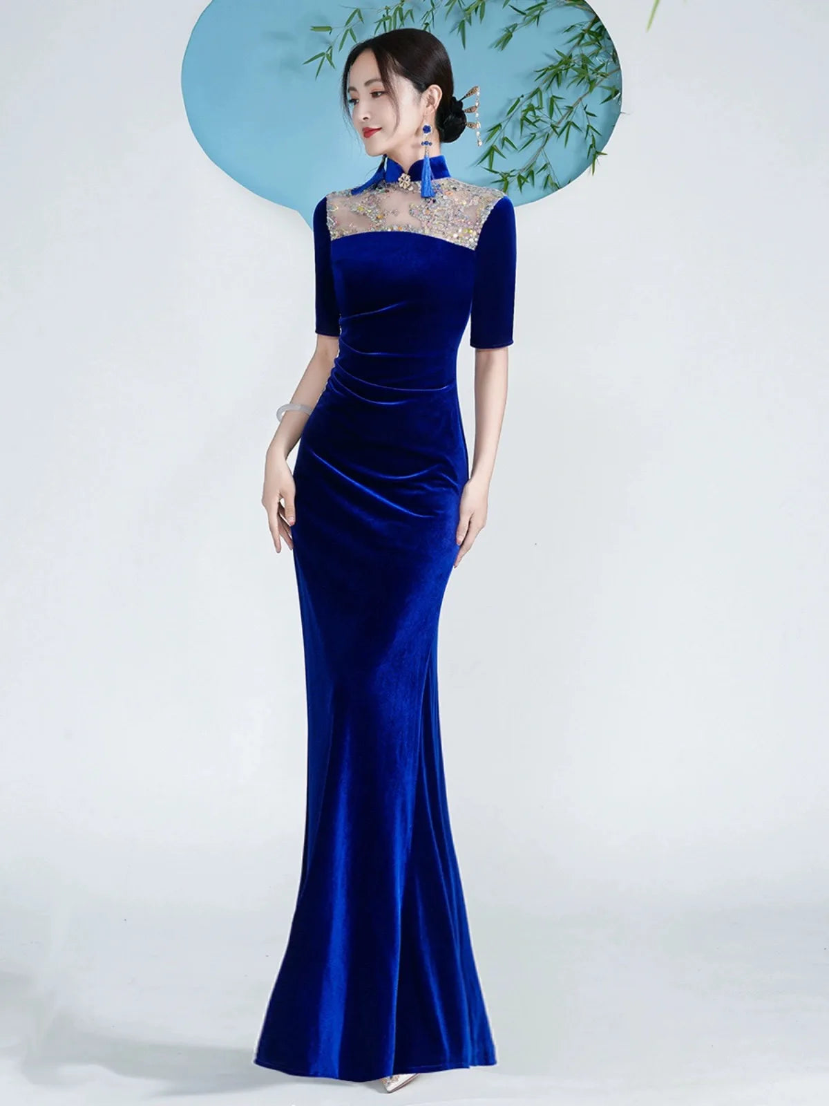 Elegant Blue Velvet Cheongsam Dress For Women on Luulla
