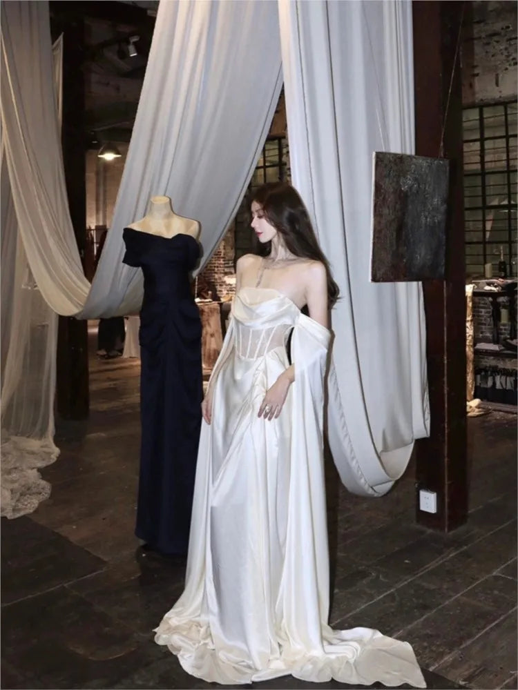 Radiant Fuchsia Off-Shoulder Satin Gown with Elegant Train