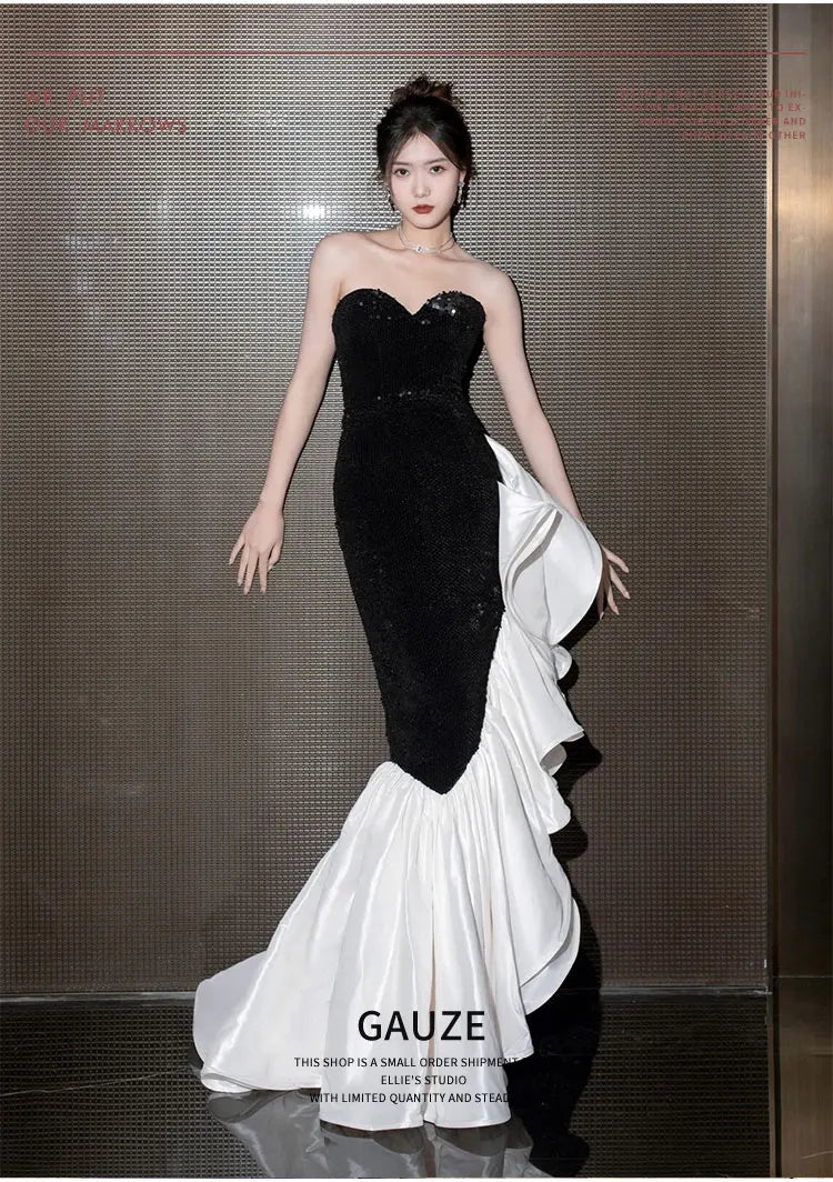 Black And White Lace Strapless Mermaid Evening Dress Charming Evening Gown Y844