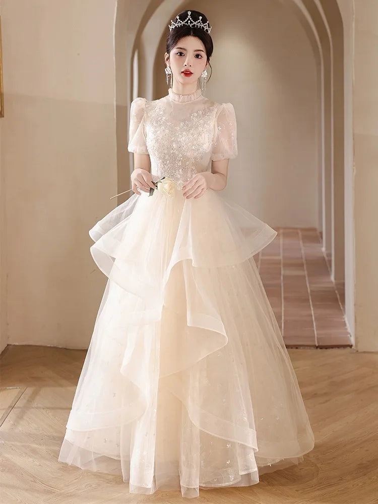 Elegant Lace Puff Sleeve Layered Tulle Gown on Luulla