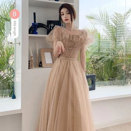 Off the Shoulder Long Tulle Gown with Sweetheart Neck Champagne