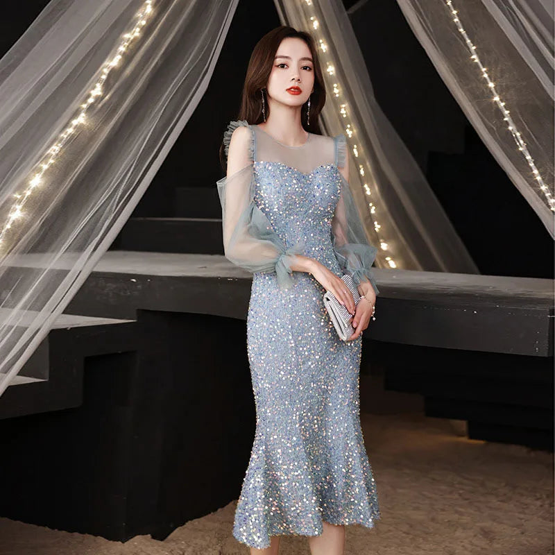 Elegant Blue Sequin Mesh Cocktail Party Dress