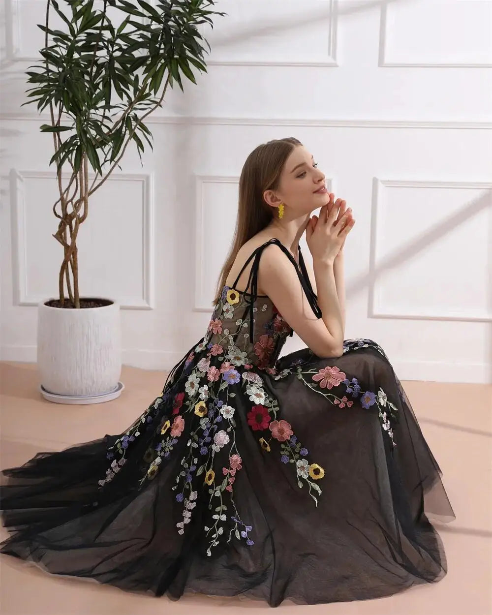 Floral Embroidered Black Mesh Dress For Women