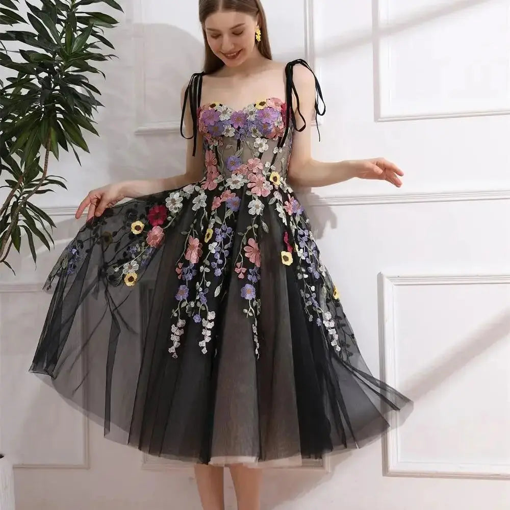 fit and flare dress for wedding guest Brielle Black Leaf Embroidered Velvet Midi Dress, M / Black main image 1