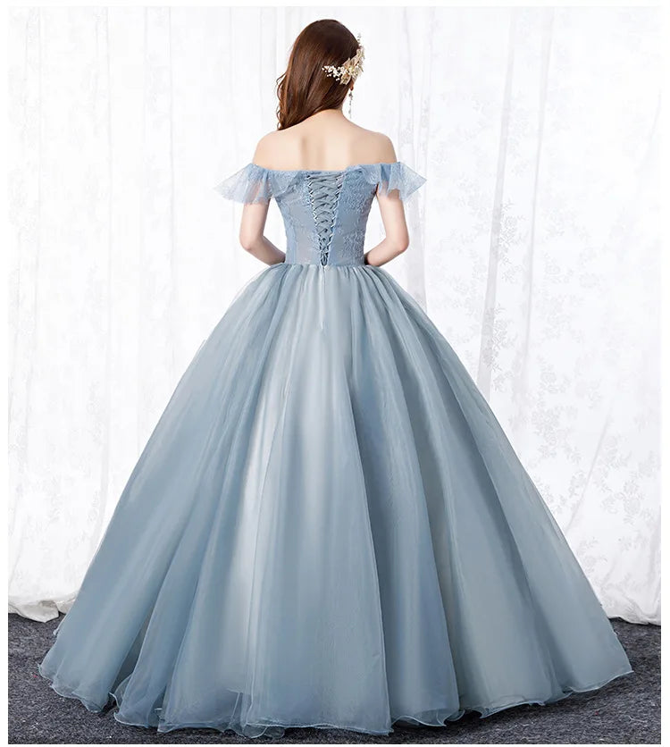 Celestial Blue Off-Shoulder Draped Gown – Timeless Evening Elegance