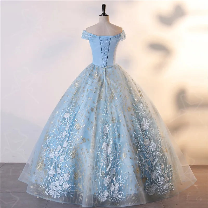 Elegant Off-shoulder Blue Floral Ball Gown on Luulla