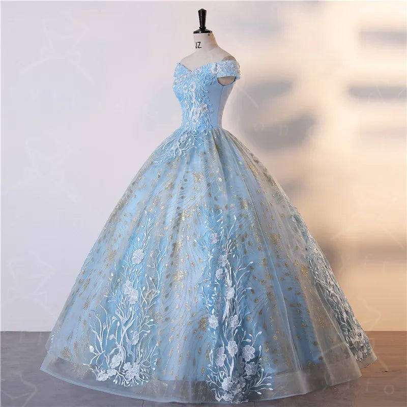 Elegant Navy Blue Off-the-shoulder Ball Gown with Sparkling Sequins & Tulle Sleeves DP7013