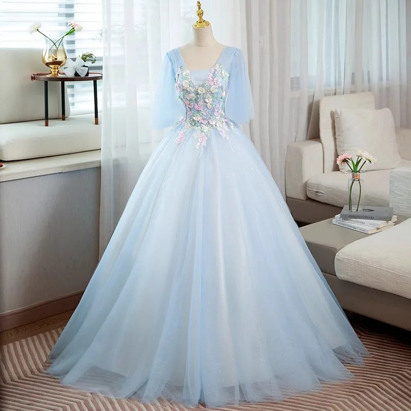 Elegant Blue Tulle Long Prom Dress, Enchanting Bridesmaid Gown for Special Occasions
