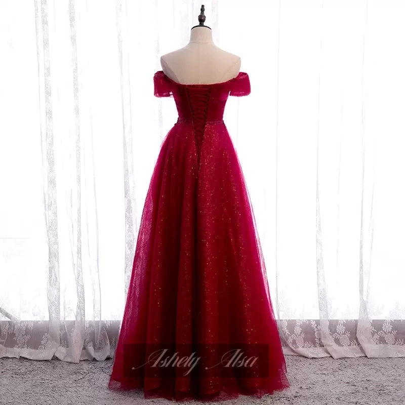 Glitter Off Shoulder Frill High Low Dress Red