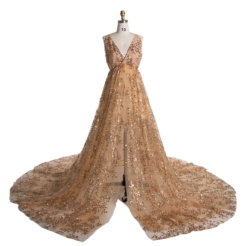 Sparkling Gold Sequin Evening Gown With Train