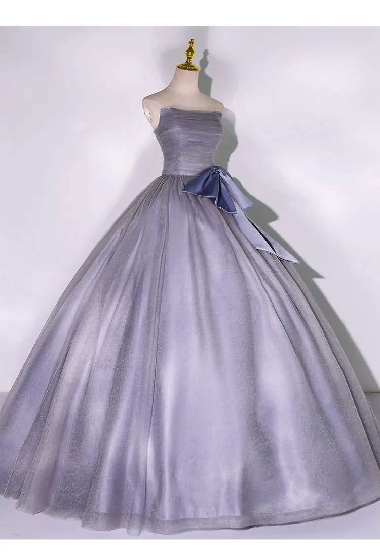 Strapless Satin Gown With Flowy Silver Skirt