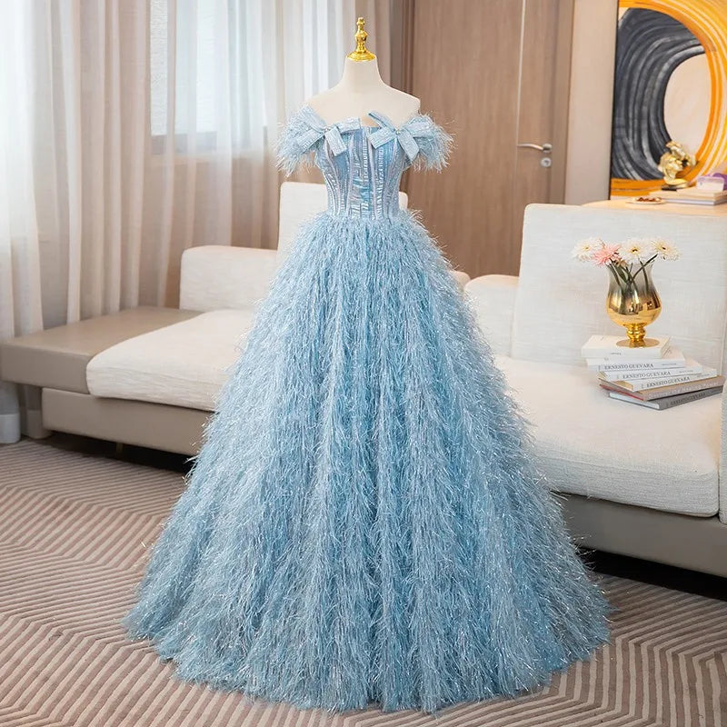 blue feather dress Navy Blue Feather Strapless Prom Dresses 2024 Beaded Sparkly Tulle 24271 Navy Blue / US16 main image 0