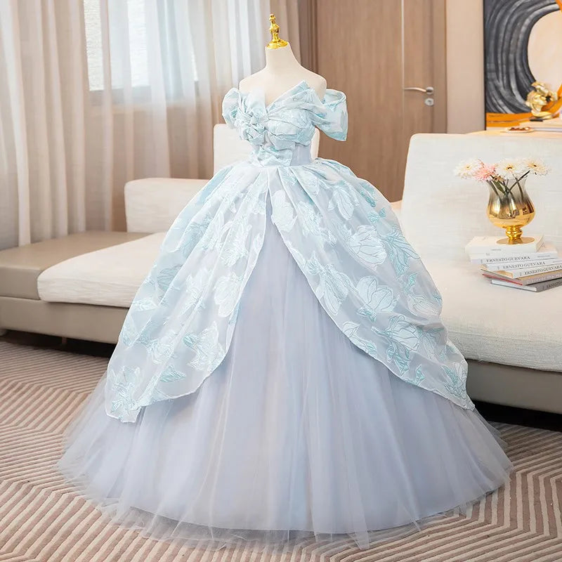 Exquisite Blue Lace Off-shoulder Ball Gown on Luulla