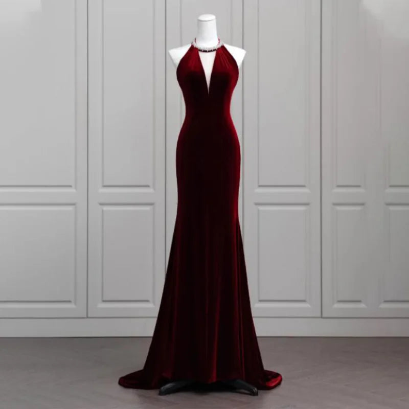burgundy velvet sleeveless dress Burgundy Velvet Bridesmaid Dress Mermaid Floor-Length