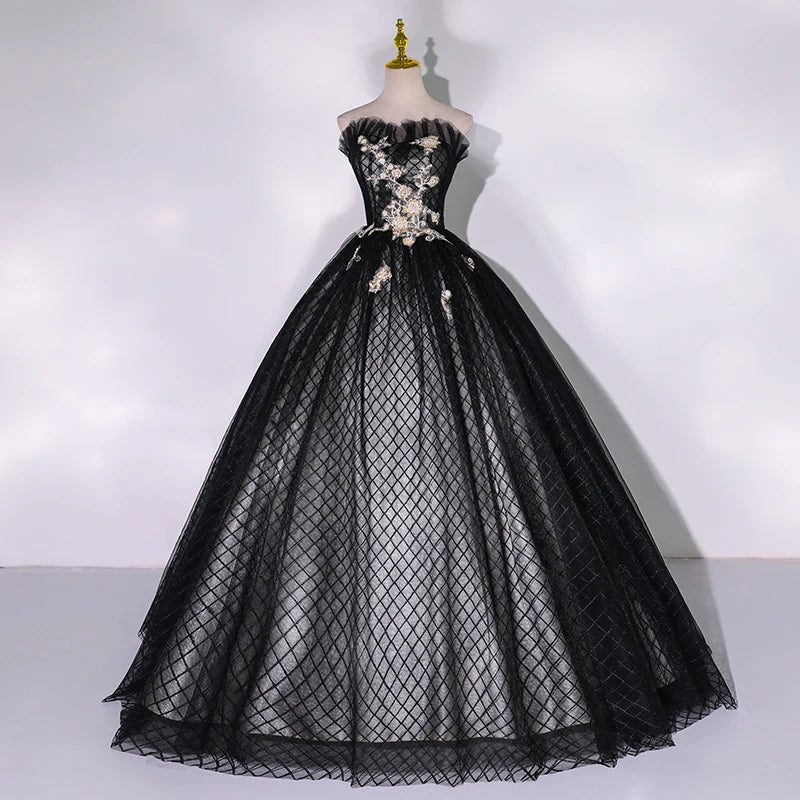 Gothic Black Floral Mesh Strapless Ball Gown