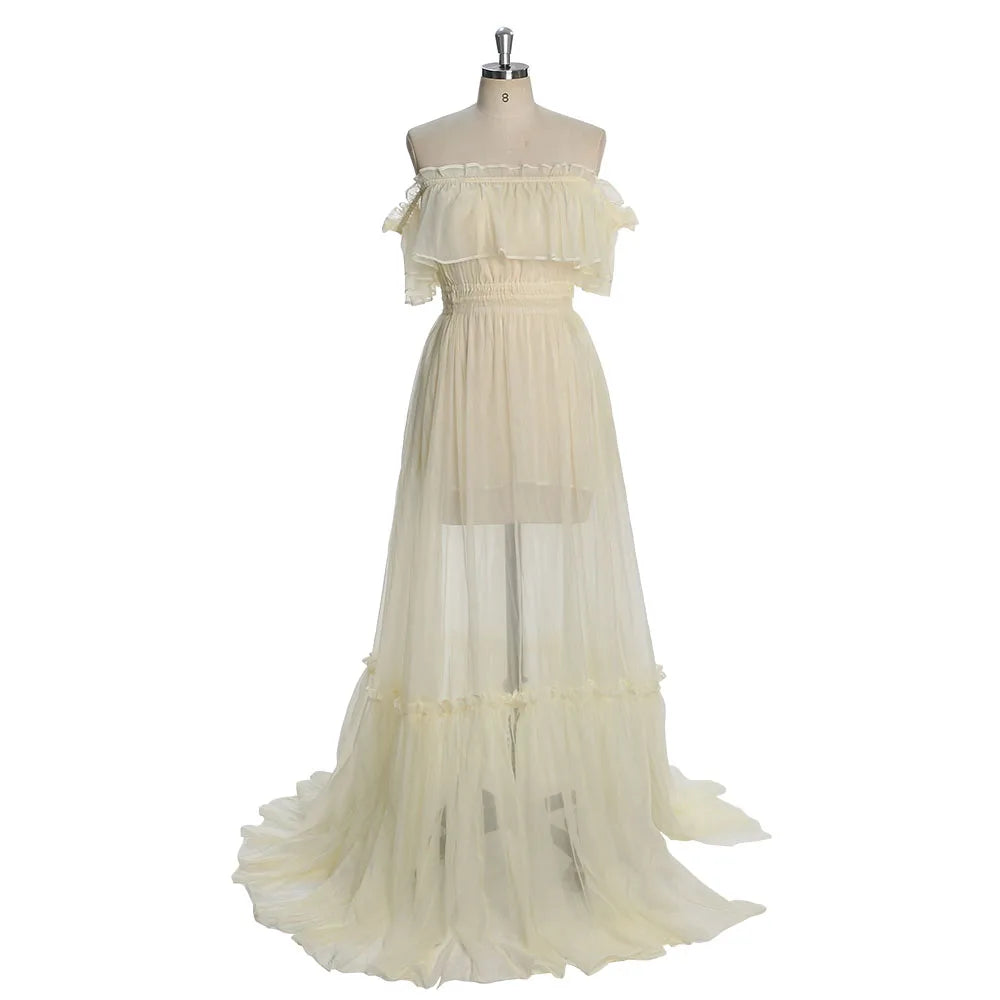 white christmas dresses Pinkblush Cream Off Shoulder Ruffle Tiered Maternity Maxi Dress Small